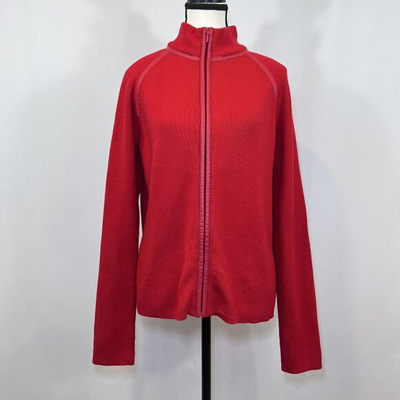 Pendleton Sweaters - Pendleton full zip leather trim merino wool blend red sweater womens sz S TALL